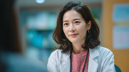 A female doctor smiling in a clinical setting with a stethoscope.