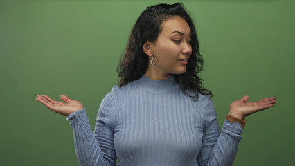 Woman with palms up shrug showing bare hands in green studio set, wearing blue sweater and hoop earring  uncertainty choice. © Krakenimages.com