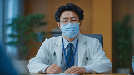 A doctor wearing a face mask and glasses sitting at a desk.