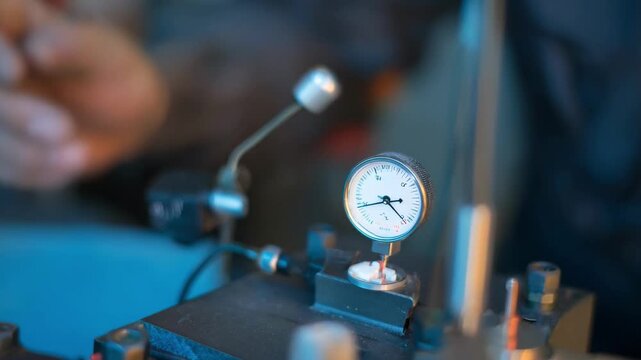Closeup of pressure sensor calibration process involving delicate adjustments to improve sensitivity in industrial measurement systems