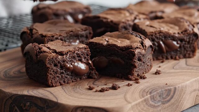 Close up of brownie being sliced on a wooden board