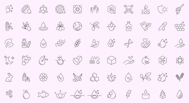 Organic cosmetic icon set. Eco cosmetics icon. Organic natural products. Natural cosmetics. Eco friendly, sensitive skin, vegan, paraben, antibacterial, allergen free, lab tested. Editable Stroke.