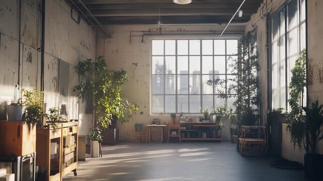 Industrial loft living space with indoor garden of potted plants and trees, bathed in natural daylight from large warehouse windows overlooking city buildings