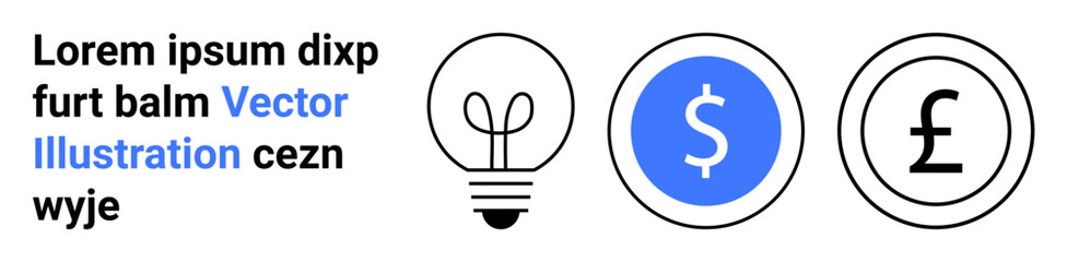 Obraz premium Finance, innovation, creativity, monetary concepts, brainstorming, business solutions. A lightbulb with dollar and pound symbols alongside text. Finance and innovation illustrated concept