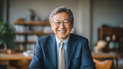 An elderly man smiling in a professional office setting.