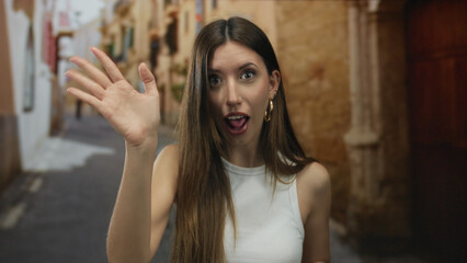 Naklejka premium Woman waves hand through a narrow cobblestone street of an old town under golden evening light; friendly greeting.