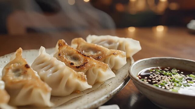Close up of cooked dumplings and dipping sauce on a plate