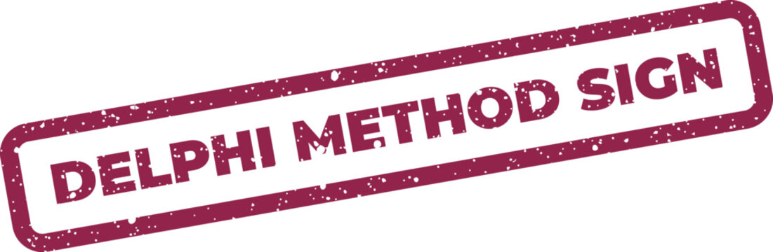 Delphi method sign indicator on a rectangular grunge stamp for marking information or directional purposes