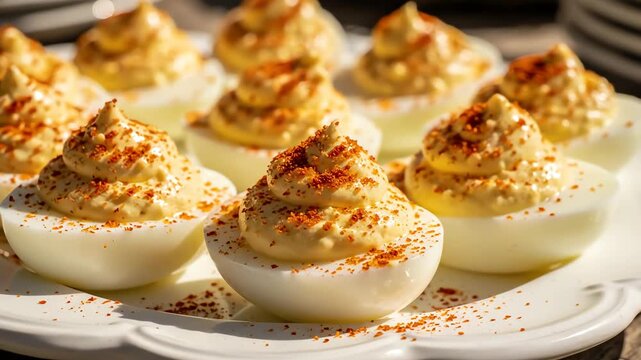 Close up of deviled eggs on white plate appetizing food photography