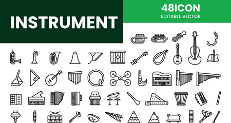 48 Line Musical Instruments Icons Set Editable Vector