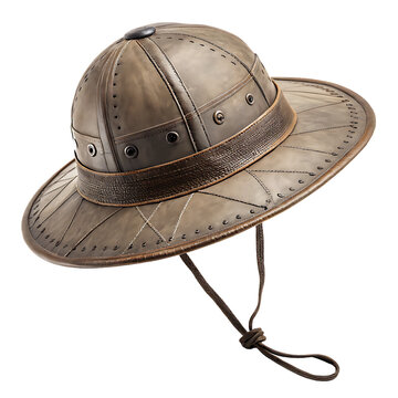 Traditional brown leather cangaceiro hat with wide brim and chin strap from Brazil isolated on a transparent background