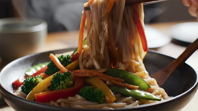 Close up of freshly cooked noodles with vegetables in bowl