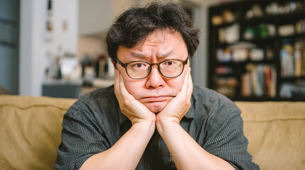 A man with glasses resting his face on his hands, appearing bored or contemplative.