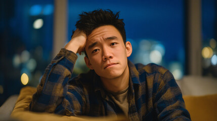 A young man with a puzzled expression sitting indoors at night.