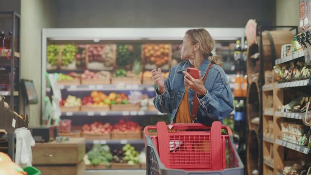 Parent customizes shopping list while inspecting labels, Chic mother navigates organic aisle with smart device in hand
