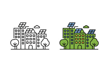 Obraz premium Row of apartment buildings with solar panels on roofs alongside green.