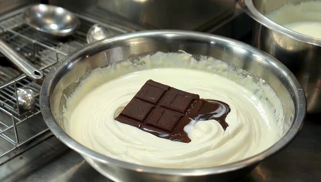 High impact 4K food visual showing rich chocolate splashing into creamy dessert mixture captured slow motion to emphasize texture indulgence sensory 