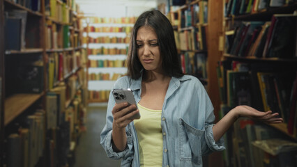 Young hispanic woman holding smartphone and shrugging palm up amid tall crowded bookshelves in a public library aisle  frustration. © Krakenimages.com