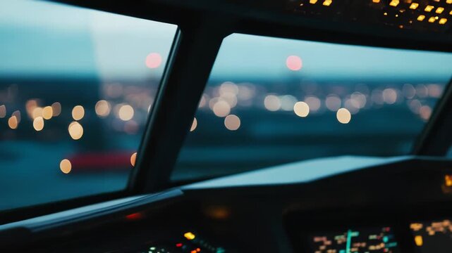 Aircraft cockpit controls and dashboard illuminating the cabin as the plane flies at night, presenting a blurred view of city lights and runways visible through the windshield