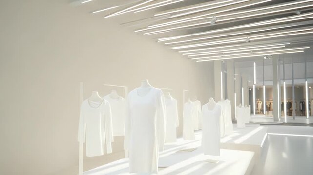 Clothing boutique interior featuring white minimalist fashion on mannequins and hangers, illuminated by modern linear lighting creating a clean, futuristic retail experience