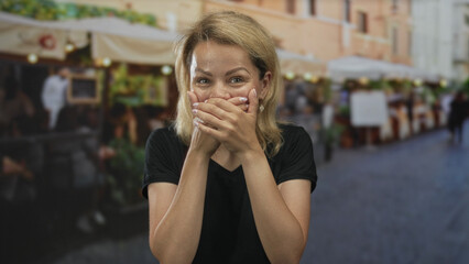 Fototapeta premium Blonde woman wearing black top covers mouth with both hands on street cafe terrace lined with tables and chairs; surprise reaction.