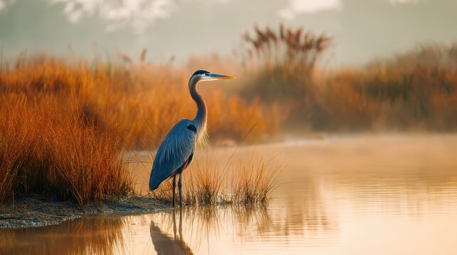 Great blue heron standing in shallow lake water at dawn with soft mist