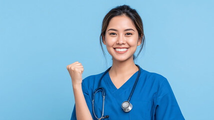 A smiling female healthcare professional in blue scrubs with a stethoscope.