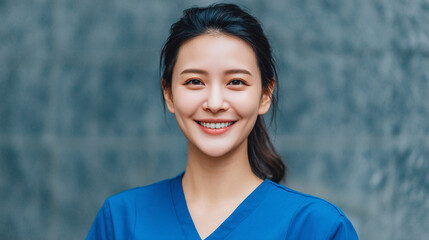 Smiling woman in blue scrubs against a textured background.