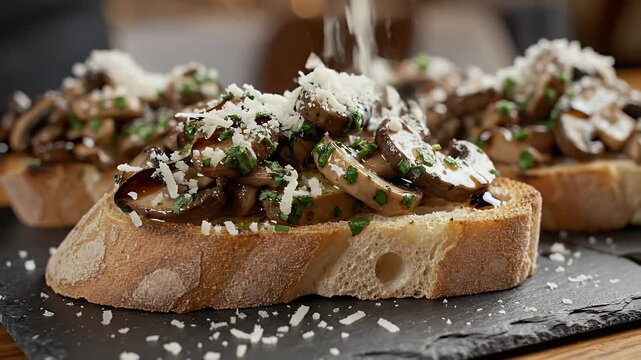 Close up of toasted bread slices topped with sauteed mushrooms and fresh herbs