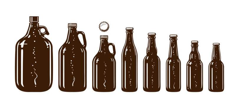 Glass growlers and bottles for beer.