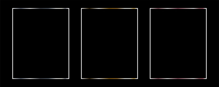 Gold and silver thin frame set. Shiny metal foil border collection. Golden glowing geometric boarder bundle in art deco style. Linear rectangular element pack for photo, cadre, card, emblem. Vector