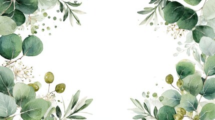 Fototapeta premium Hand-painted watercolor border design featuring lush greenery and soft floral accents