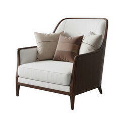 Modern white and dark wood accent chair with decorative pillows transparent background