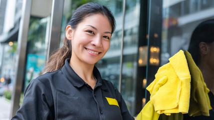 Smiling woman in uniform holding cleaning cloth outside building