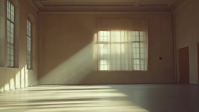 Empty interior space featuring natural sunlight and long shadows extending across the floor, creating an atmospheric and minimalist setting that suggests new beginnings and openness