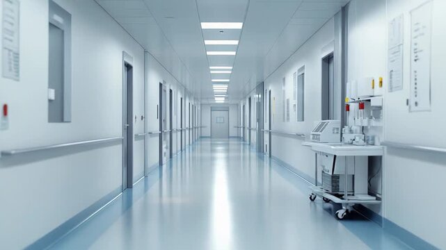 Clean and sterile hospital corridor with multiple closed doors and medical equipment, symbolizing healthcare, patient care, and modern medical facility infrastructure