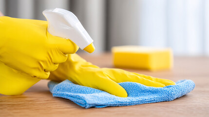 Hand wearing yellow glove cleaning a surface with a spray bottle and cloth.