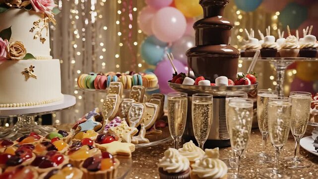 Elegant dessert buffet display with cakes pastries and decorative elements