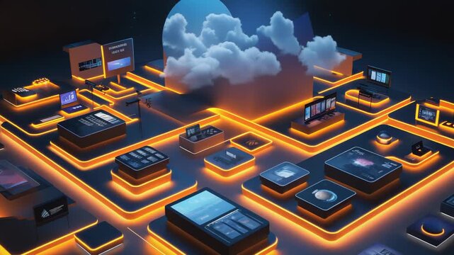 Cloud computing innovation with data processing hardware and software applications on a futuristic platform, showing how network services link diverse digital technologies