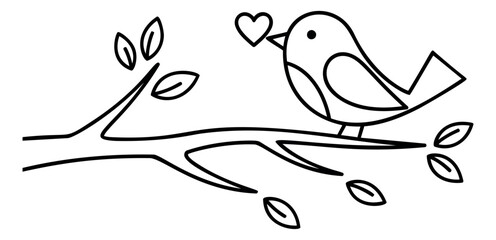 Obraz premium Hand drawn line art illustration of a bird on a branch depicting a heart for romantic themes