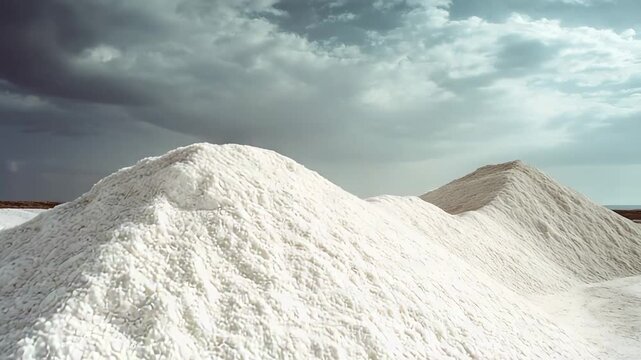 Rows of white salt mounds drying in salt pans under a dramatic cloudy sky, an industrial coastal landscape of crystallized mineral harvest and evaporation pools for sea salt production
