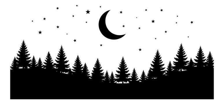 Silhouette illustration of a pine forest and night sky depicting a tranquil nocturnal scene with stars and a crescent moon for outdoor or nature designs