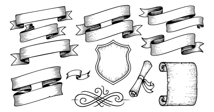 Hand drawn line art design elements set featuring vintage ribbons, scrolls, a shield, and flourish for labels, awards, and decorative design