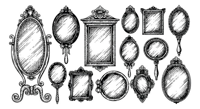Hand drawn mirror set featuring ornate vintage frames for elegant decoration