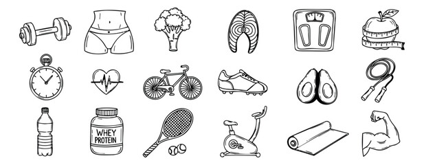 Naklejka premium Hand drawn line art health and fitness icons set featuring exercise equipment, healthy food, and wellness symbols for an active lifestyle