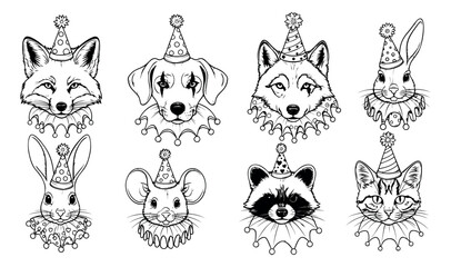 Obraz premium Hand drawn line art funny animal portraits set featuring various animals in party hats and clown ruffles for celebration designs