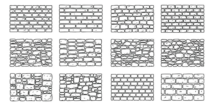 Hand drawn line art brick and stone wall patterns set featuring various masonry textures for design projects