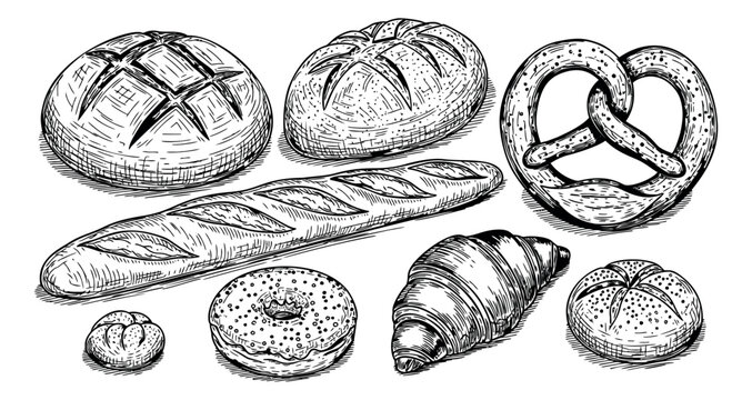 Hand drawn line art bakery set featuring bread loaves, a baguette, croissant, pretzel, and donut for food packaging
