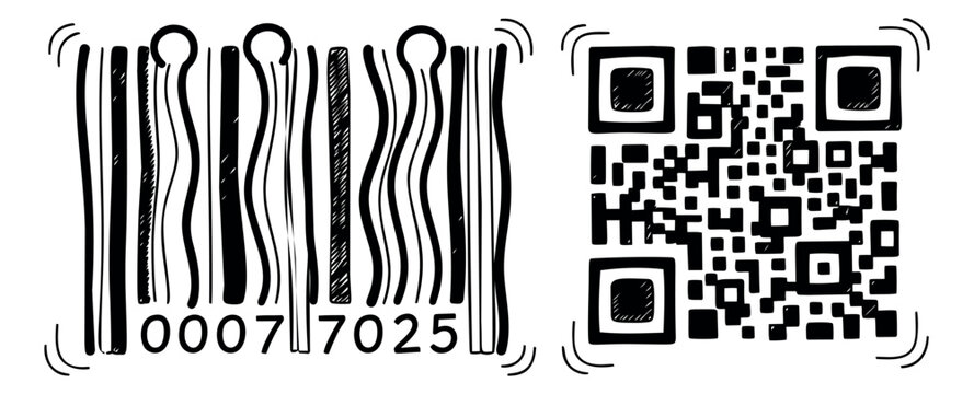 Hand drawn line art codes set featuring a barcode and a QR code for scanning and identification