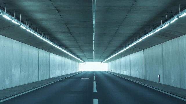 Long concrete underpass with bright lights on the ceiling, guiding the perspective towards a glow of light at the end, symbolizing future, opportunities, and speed